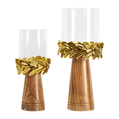 Candle Holder for Home Decor with Wood and Glass - Set of 2