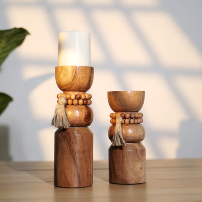 Wooden Candle Holders with Wooden Beads (Set of 2)