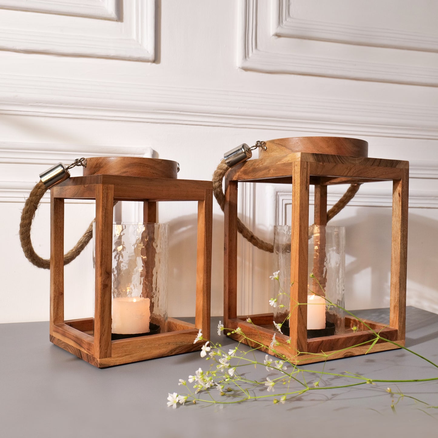 Rustic Glow: Handcrafted Wooden Lantern Set of 2