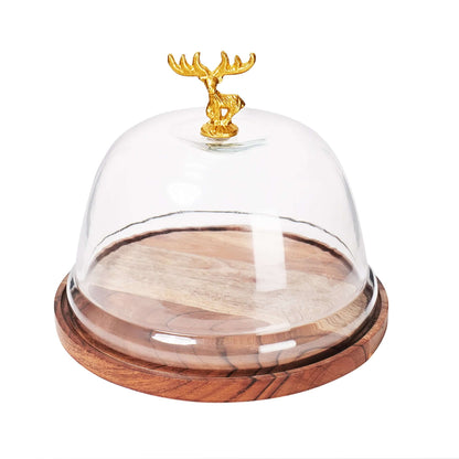 Wooden Cake Stand with Glass Dome - 8" Reindeer