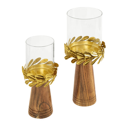 Candle Holder for Home Decor with Wood and Glass - Set of 2