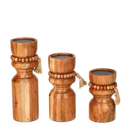 Wooden beads Candle Holders - S/3