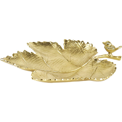 Nature's Elegance: Aluminum Leaf Platter with Bird - 13.5 inch