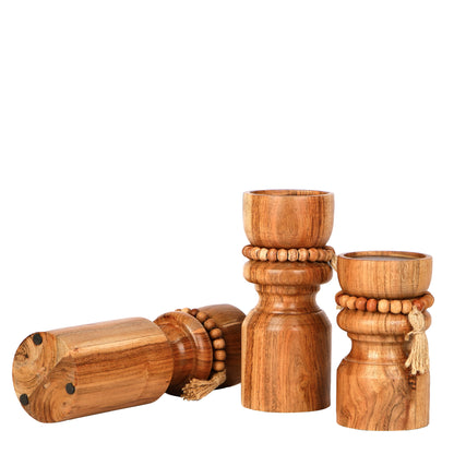 Wooden beads Candle Holders - S/3