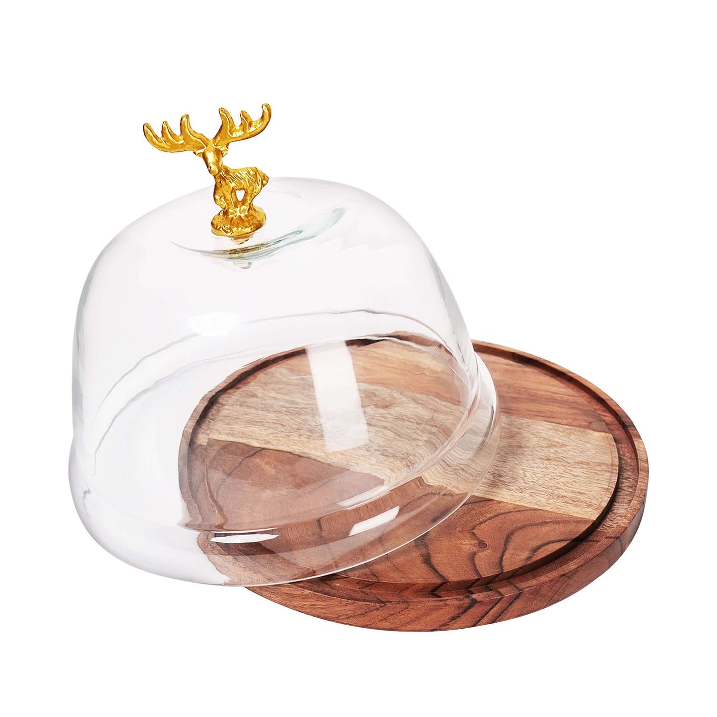 Wooden Cake Stand with Glass Dome - 8" Reindeer