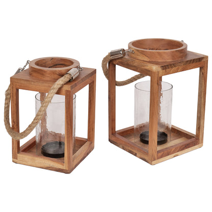 Rustic Glow: Handcrafted Wooden Lantern Set of 2