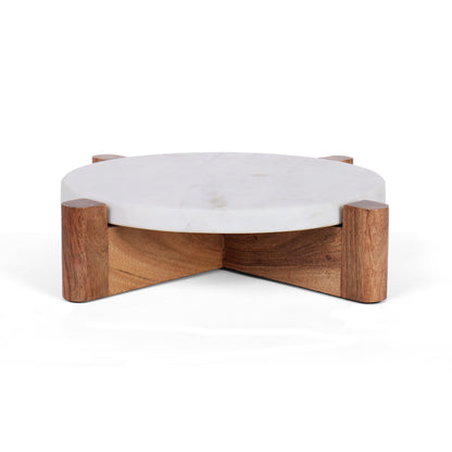 White marble cake stand with wooden base