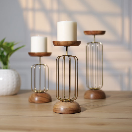 Fusion Style: Wooden and Iron Candle Holders for Home Decor (Set of 3)