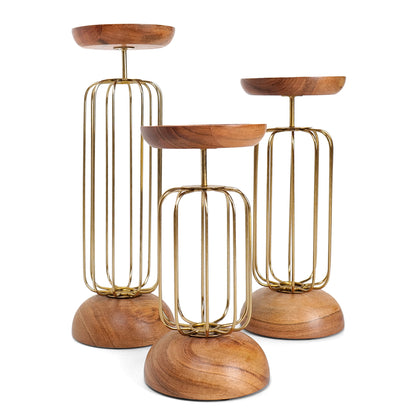 Fusion Style: Wooden and Iron Candle Holders for Home Decor (Set of 3)