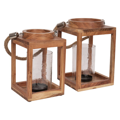 Rustic Glow: Handcrafted Wooden Lantern Set of 2