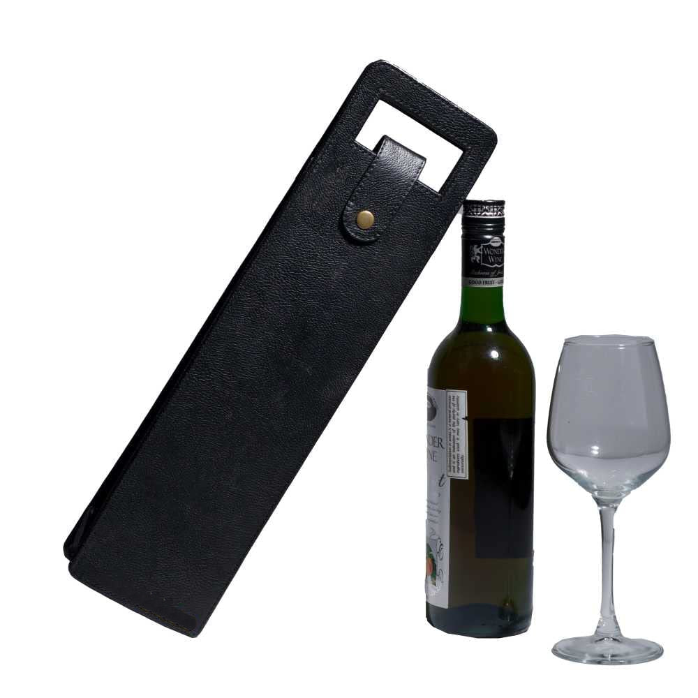 Vegan Leather Wine Bottle Holder, Wine Bag - Black