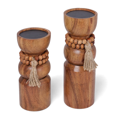 Wooden Candle Holders with Wooden Beads (Set of 2)