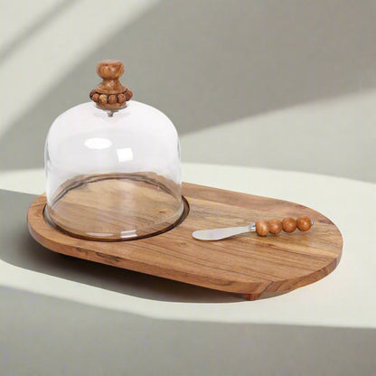 Glass Cloche with Wooden Platter - Decorative Centerpiece for Home & Table