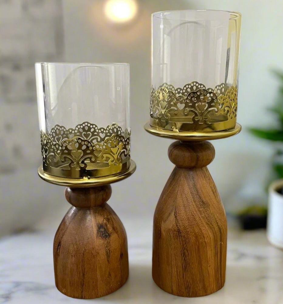 Harmony Candle Holder Set - Metal, Wood & Glass (Set of 2)