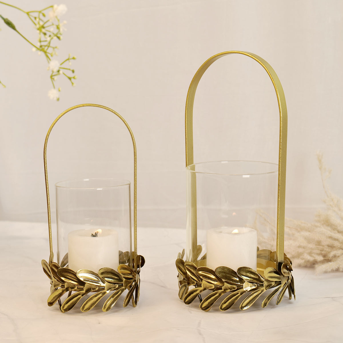 Golden Candle Holder for Home Decor with Glass - Set of 2