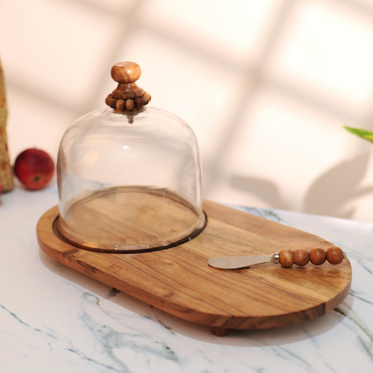 Glass Cloche with Wooden Platter - Decorative Centerpiece for Home & Table