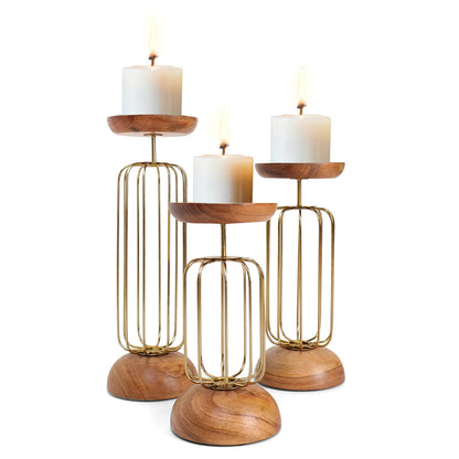 Fusion Style: Wooden and Iron Candle Holders for Home Decor (Set of 3)