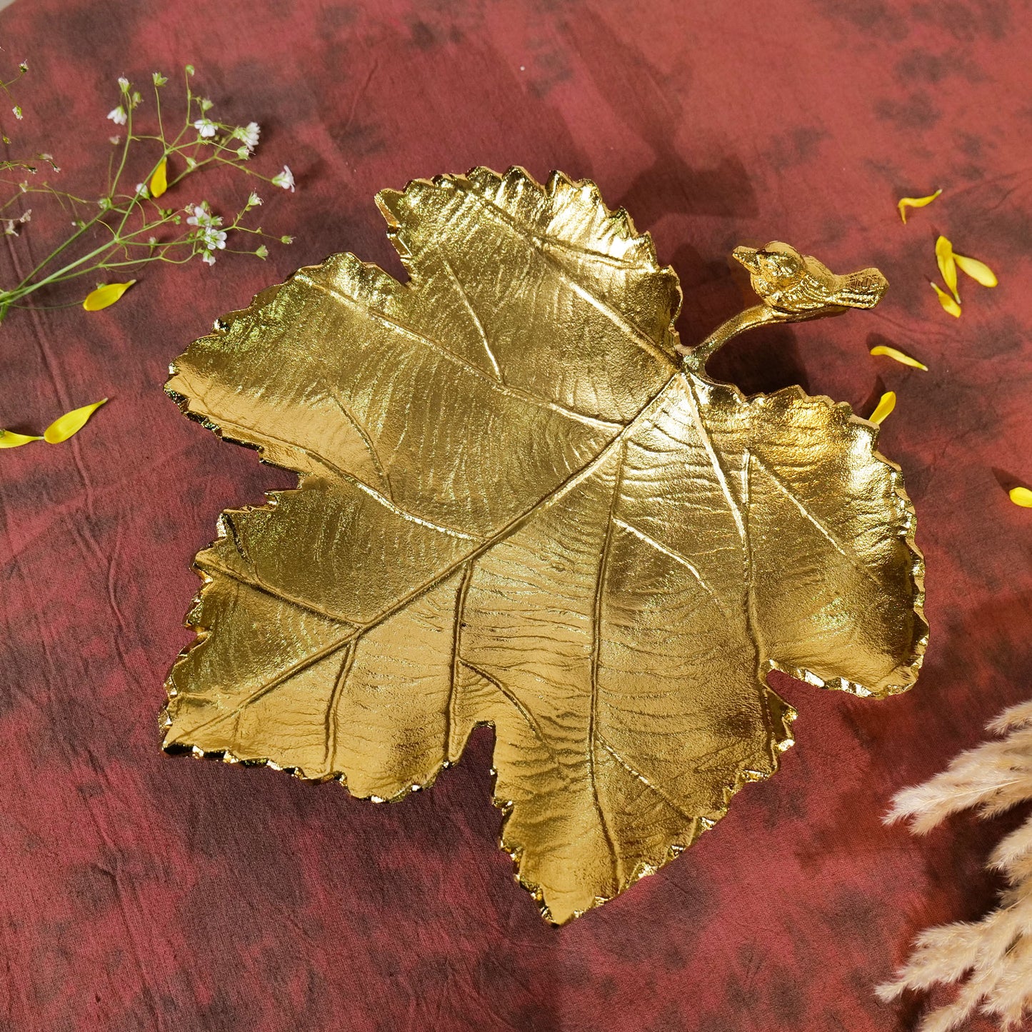 Nature's Elegance: Aluminum Leaf Platter with Bird - 13.5 inch