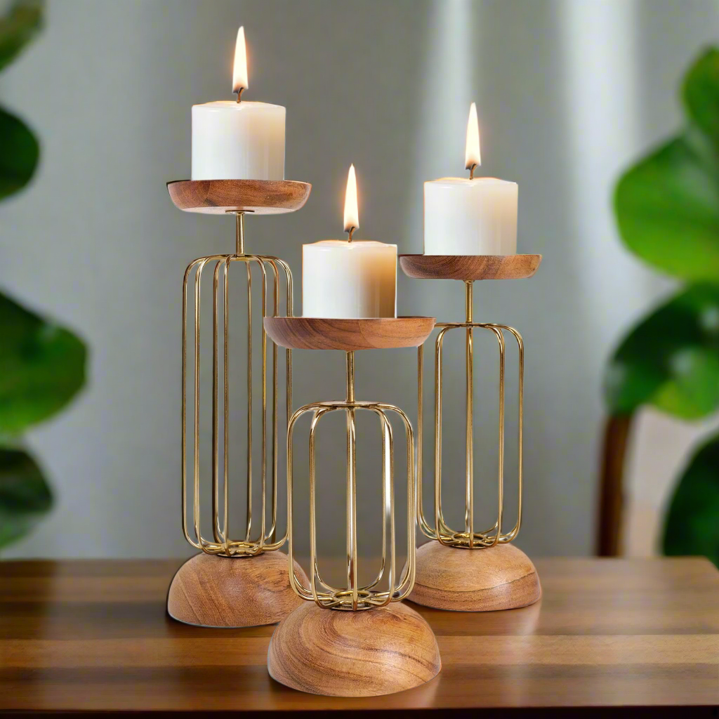 Fusion Style: Wooden and Iron Candle Holders for Home Decor (Set of 3)