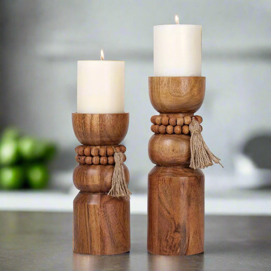 Wooden Candle Holders with Wooden Beads (Set of 2)