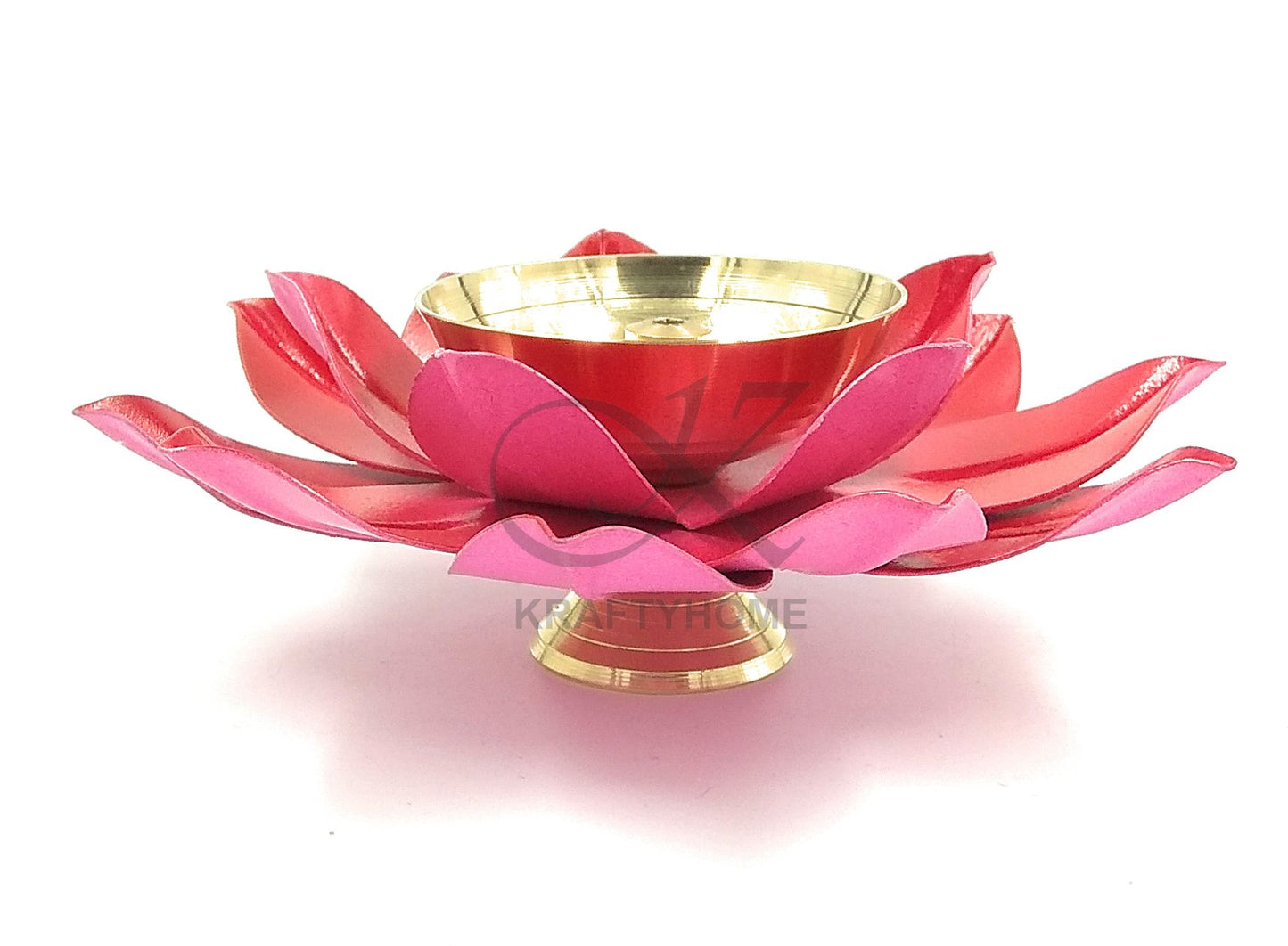 Brass Lotus Kuber Diya Puja Oil Lamp Deepak with Enamel for Home -RED