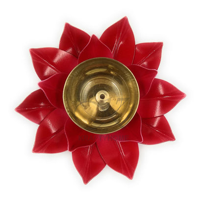 Brass Lotus Kuber Diya Puja Oil Lamp Deepak with Enamel for Home -RED