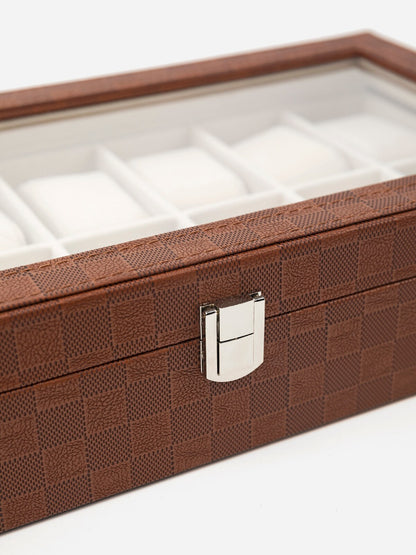 Brown Checked Leather Watch Organizer (14 slots)