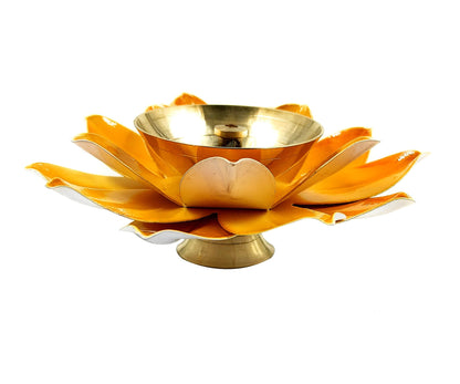 Brass Lotus Kuber Diya Puja Oil Lamp Deepak With Enamel For Home -YLW