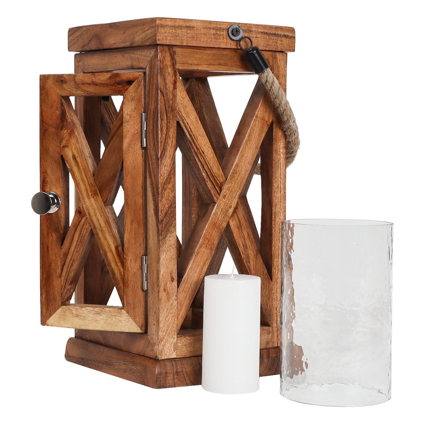 Wooden Floor Lantern with Rope - Large X