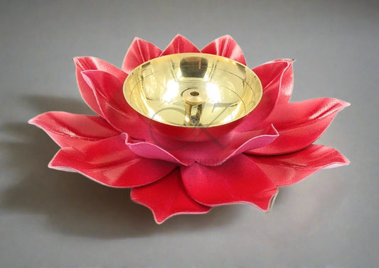 Brass Lotus Kuber Diya Puja Oil Lamp Deepak with Enamel for Home -RED