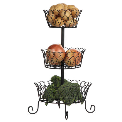 3 Tier Wire Fruit Basket Stand for Storing and Organizing Vegetables, Eggs, and More, Black - WV