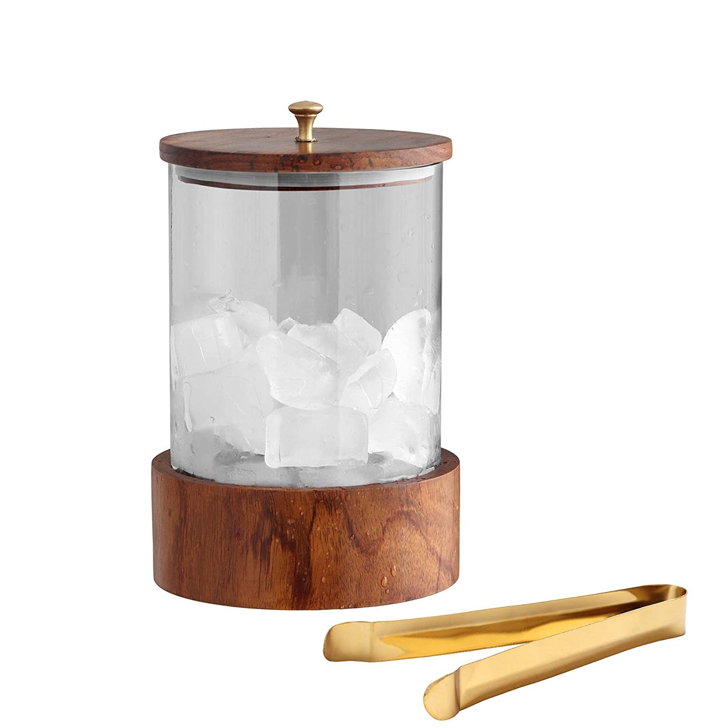 Wood and glass ice bucket with tong - 1.5 ltr