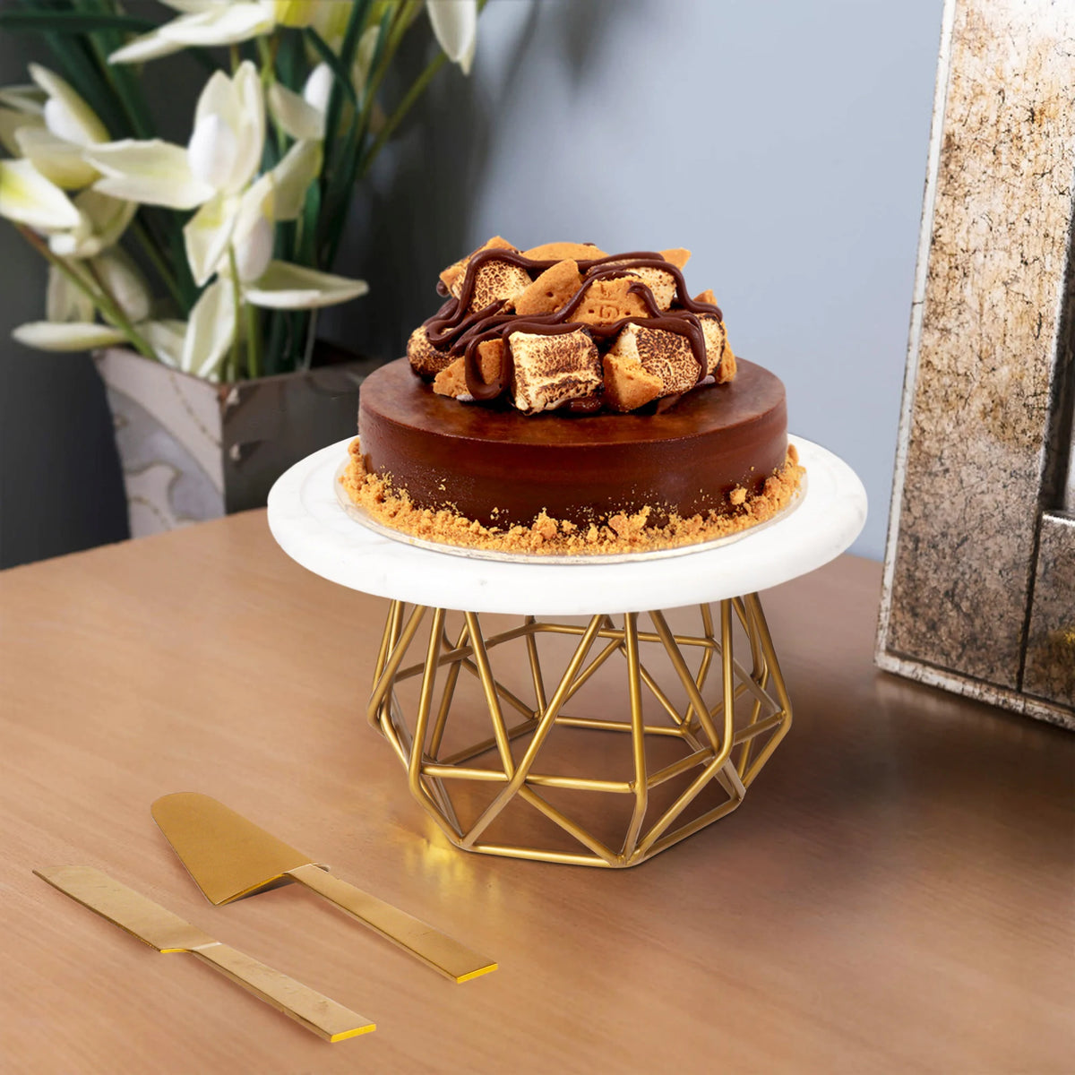 Cake Stand with Gold Finish Metal Base White Marble Top with Cake Cutlery