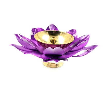 Brass Lotus Kuber Diya Puja Oil Lamp Deepak With Enamel For Home -PURPLE