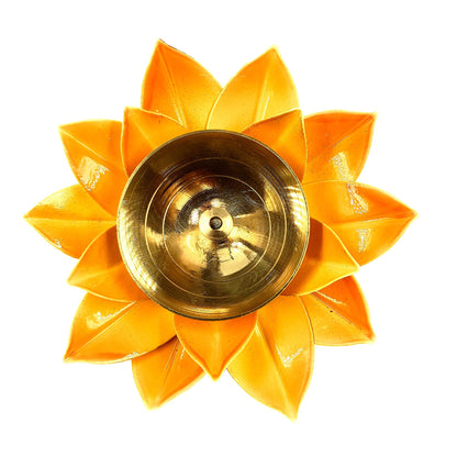 Brass Lotus Kuber Diya Puja Oil Lamp Deepak With Enamel For Home -YLW