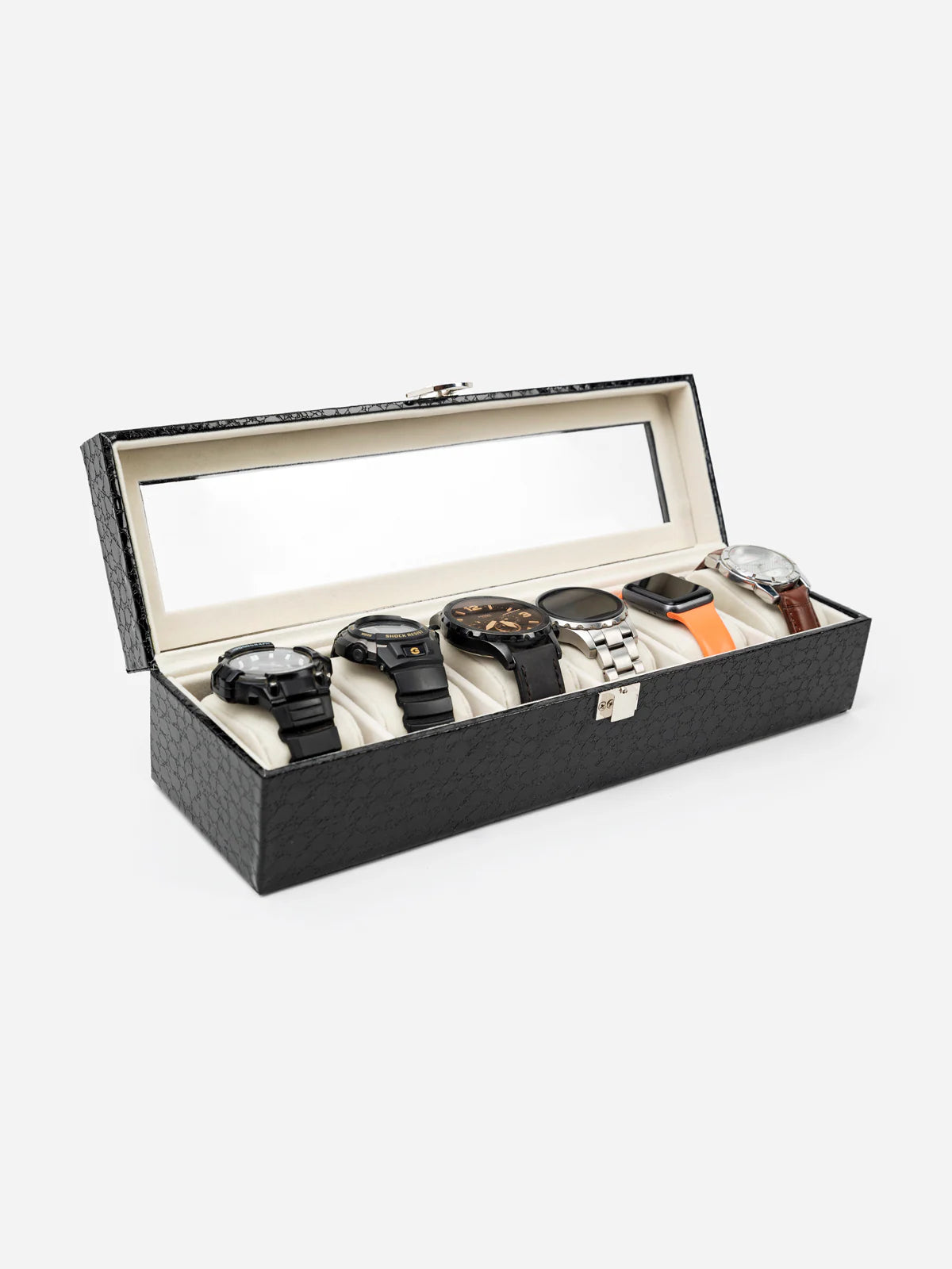 Black Croc Textured Leather Watch Organizer (6 slots)