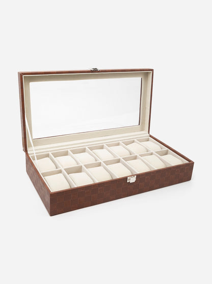 Brown Checked Leather Watch Organizer (14 slots)