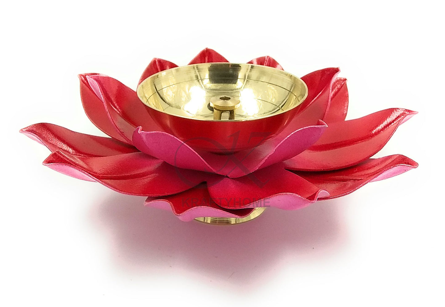 Brass Lotus Kuber Diya Puja Oil Lamp Deepak with Enamel for Home -RED